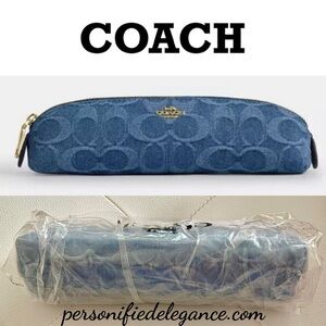 NEW Coach Limited Edition Signature Print Indigo Blue Denim Gold Pencil Case